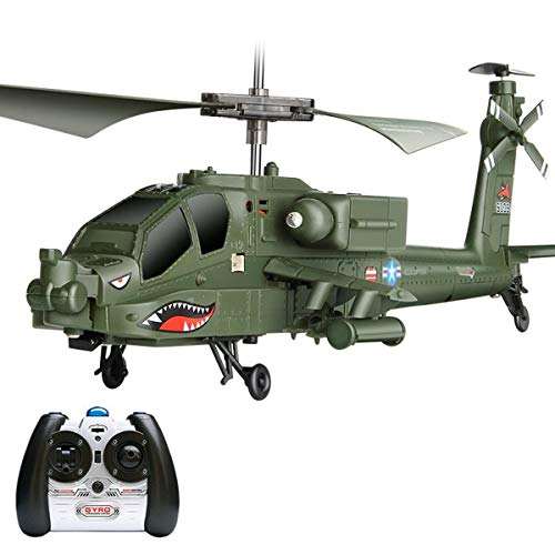 Green RC military helicopter drone with rotor and attached controller remote