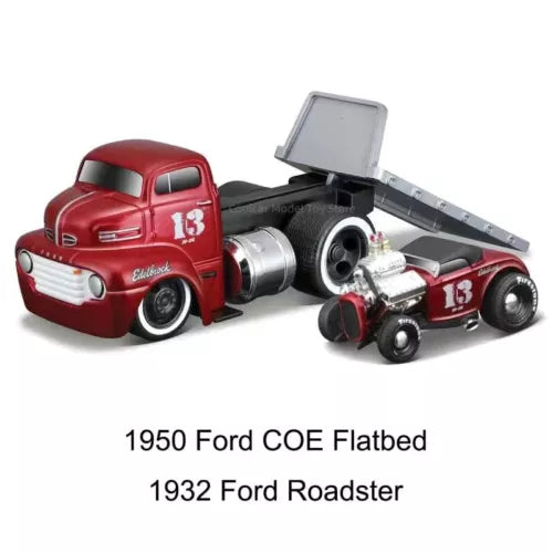 Red diecast flatbed trailer with 1932 Ford roadster model car, numbered 13