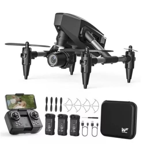 Black mini quadcopter drone with camera, remote controller, spare batteries and propellers