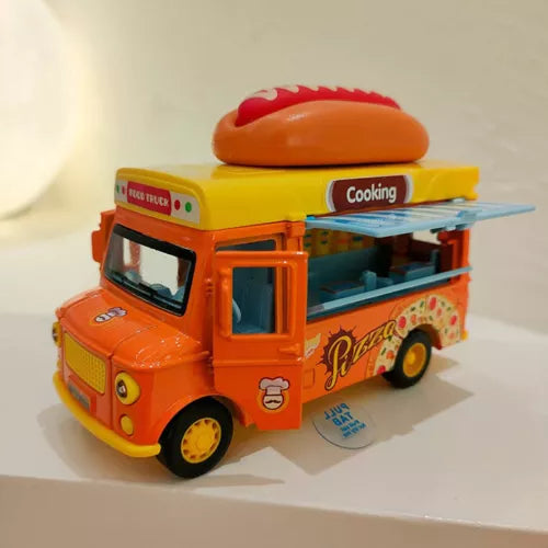 Orange and yellow sushi food truck diecast toy with 'Cooking' sign on top