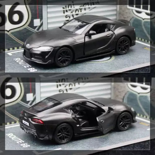 1:36 alloy diecast sports car model in dark gray, front and rear angled view
