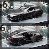 1:36 alloy diecast sports car model in dark gray, front and rear angled view