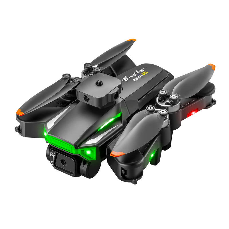 Foldable mini quadcopter drone with dual cameras and bright LED lights