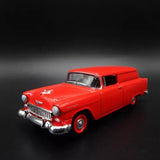 Red 1955 Chevrolet sedan delivery die-cast model car, front three-quarter view