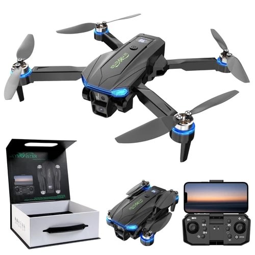 Foldable black RC drone with blue LED lights, propellers, dual camera and controller kit