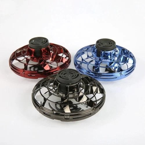 LED UFO flying helicopter spinner drone toy set, three circular color variants