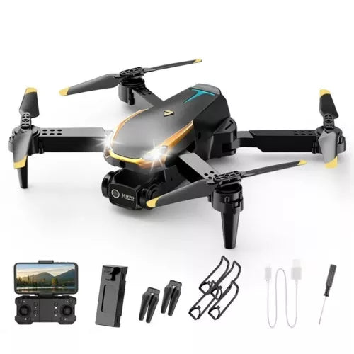 Black and gray quadcopter drone with controller and accessories, 4 rotors
