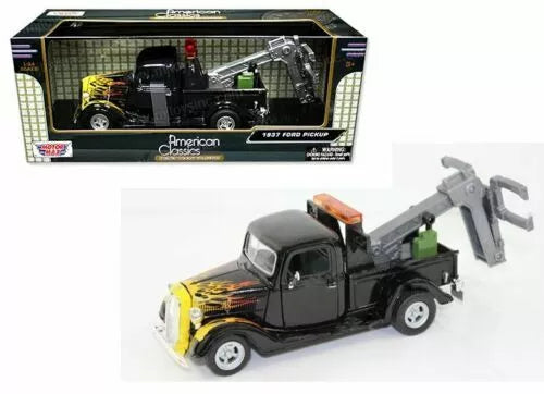 MOTOR MAX 1:24 diecast 1937 Ford pickup tow truck with crane, black and yellow