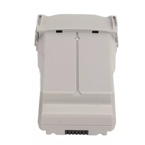 Rechargeable drone battery pack with exposed contacts on bottom, light gray casing