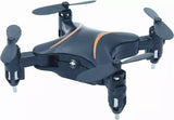 Black mini drone with four propellers and orange stripe on body