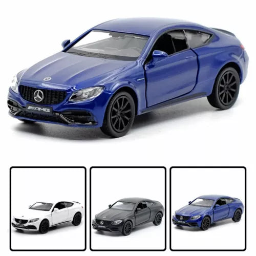 Blue Mercedes-Benz AMG coupe model car, 1/36 diecast, front three-quarter view.