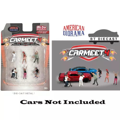 Die-cast car meet 4 mini figure set in blister pack