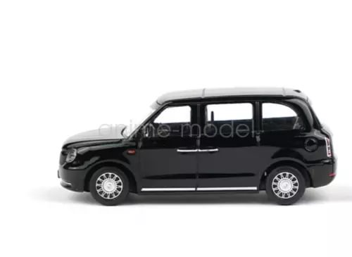 Black 1:64 diecast metal car model, side view with detailed wheels