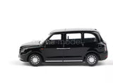 Black 1:64 diecast metal car model, side view with detailed wheels
