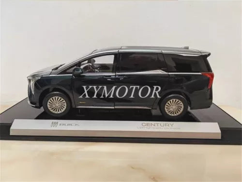 Diecast Buick GL8 minivan model, black with silver wheels on display base