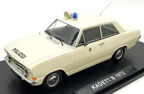 1/18 scale diecast police car, cream Opel Kadett B 1972 with light bar