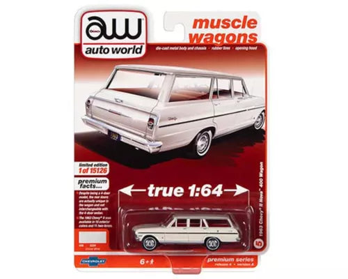 1:64 1963 Chevy II Nova station wagon diecast model car, silver with red interior
