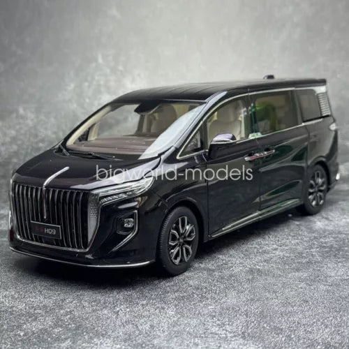 1:18 scale HongQi HQ9 MPV black diecast car, front 3/4 view