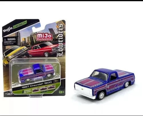 1:64 purple and blue 1987 pickup die-cast model in retail packaging