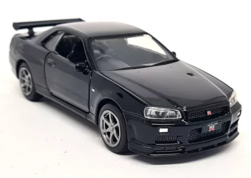 Nissan Skyline GT-R R34 V-Spec II diecast model car toy, black, front three-quarter view