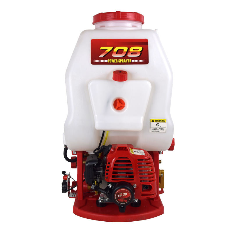 Red and white electric back sprayer with 708 label and engine base