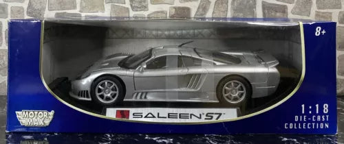 Silver 1:18 die-cast Saleen S7 sports car model with detailed wheels