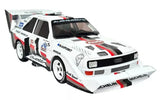 White and red Audi Quattro diecast alloy model car with black racing stripes, front view