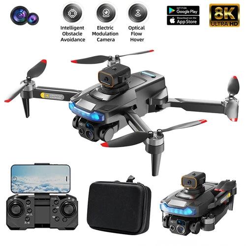 Foldable quadcopter drone with front camera and four red-tipped propellers