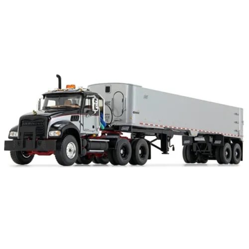 Mack Granite diecast tandem-axle dump truck, gray cab and box trailer