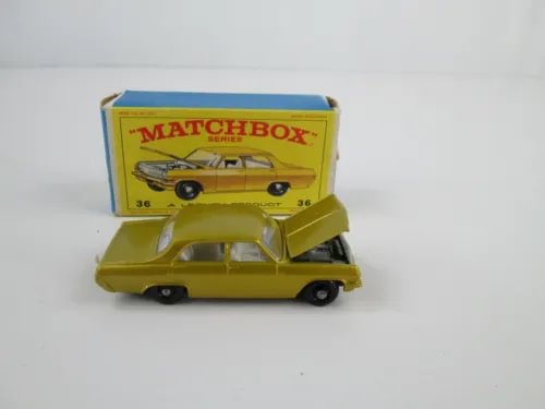 Vintage Matchbox Lesney #36 Opel Diplomat gold diecast car with original box