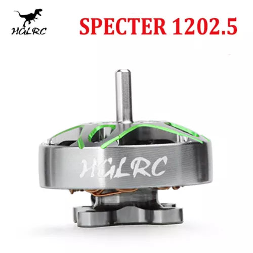 HGLRC SPECTER 1202.5 brushless motor, silver body with green accents