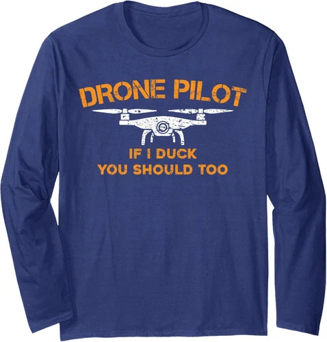 Navy long-sleeve T-shirt with drone pilot graphic and playful text print