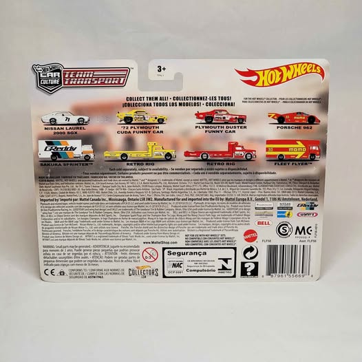 Hot Wheels Team Transport diecast car packaging, showing vehicle lineup icons