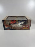 Hot Wheels Rod Custom diecast car set in orange crate box, two cars in window