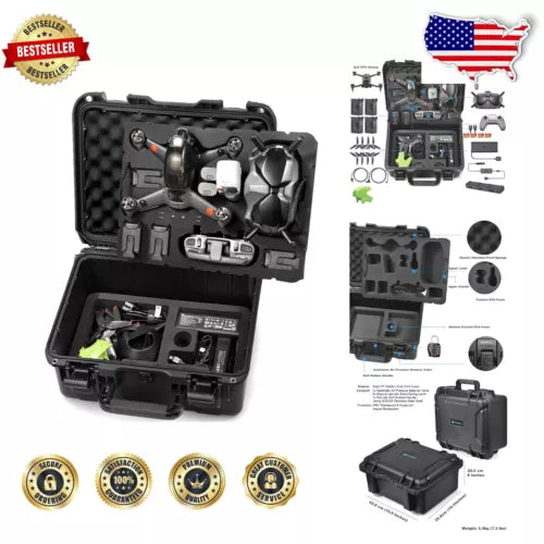 Black hard shell waterproof drone case open, with foam inserts and accessories