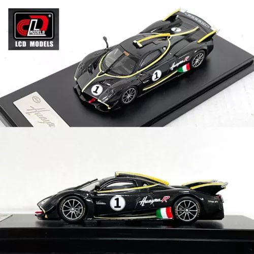 Black carbon diecast model car, yellow stripes, number 1, Italian flag decals