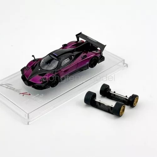 Purple and black diecast race car model with raised hood on clear display base