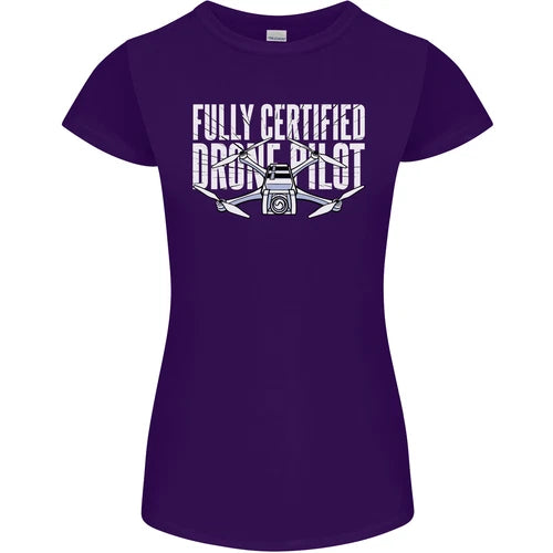 Women's petite cut T-shirt, dark purple, crewneck with drone graphic