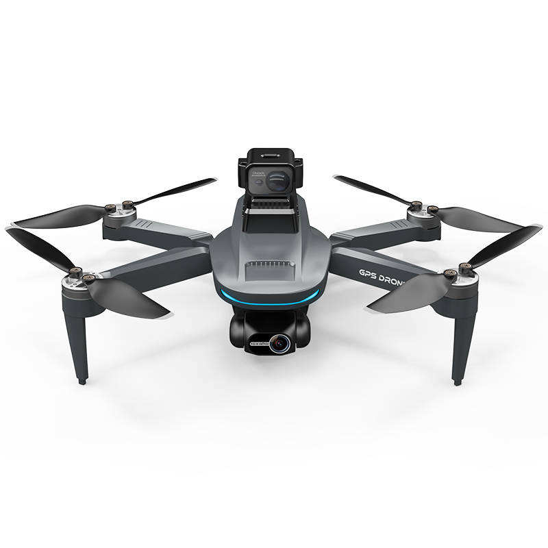 Quadcopter drone with gray body, four propellers, and front gimbal camera