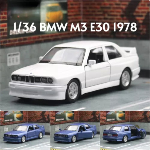 1:36 diecast BMW M3 1978 metal model car, white, front 3/4 view