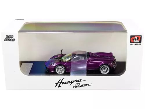 Purple diecast roadster model car in clear box display, 1/64 scale