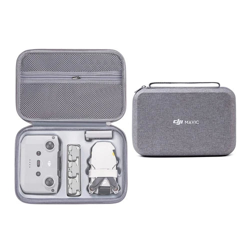 Gray hard-shell drone carrying case with zipper, open compartments and DJI Mavic label