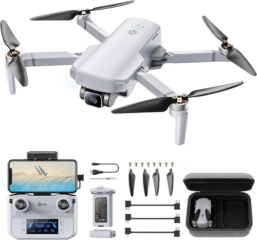 White quadcopter GPS drone with camera, controller, and carrying case