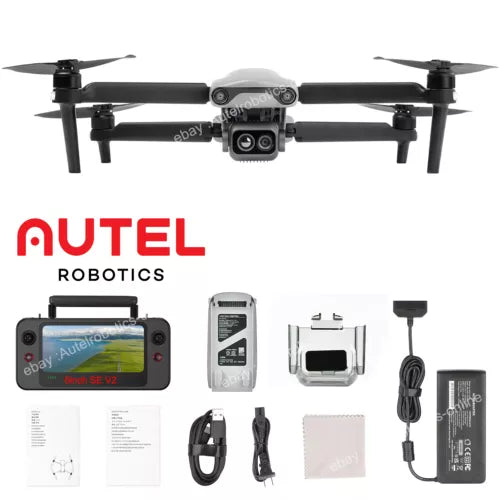 Quadcopter thermal drone with front camera and propellers, with accessories shown