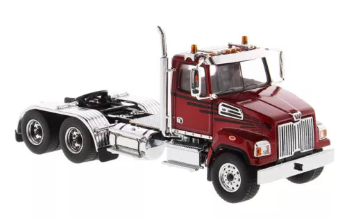 Red day cab tractor model with chrome grille and black chassis, diecast