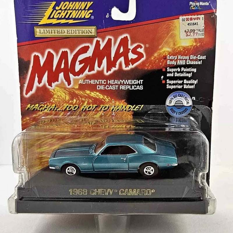 Teal 1968 Chevy Camaro diecast metal car, 1:43 scale, in blister package