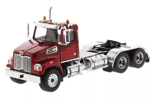 Metallic red die-cast semi truck cab with chrome chassis detail, 1:50 scale