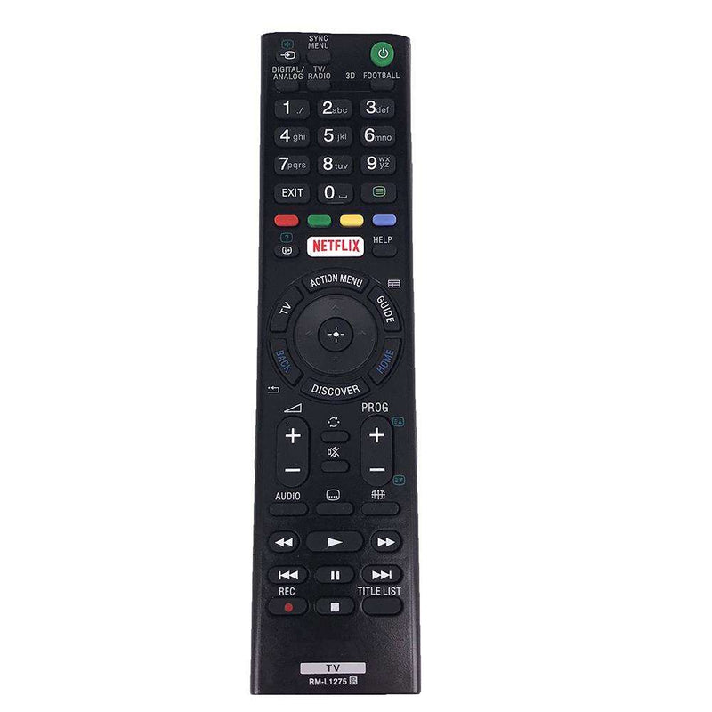 Universal TV remote control, black with button layout and RM-L1275 label