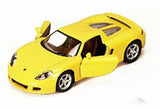Yellow 1:36 scale diecast model sports car with black racing accents