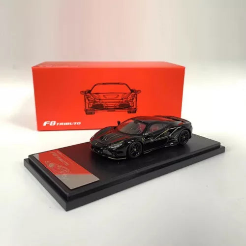 Black 1/64 scale diecast sports car model with display base, Ferrari F8 Tributo